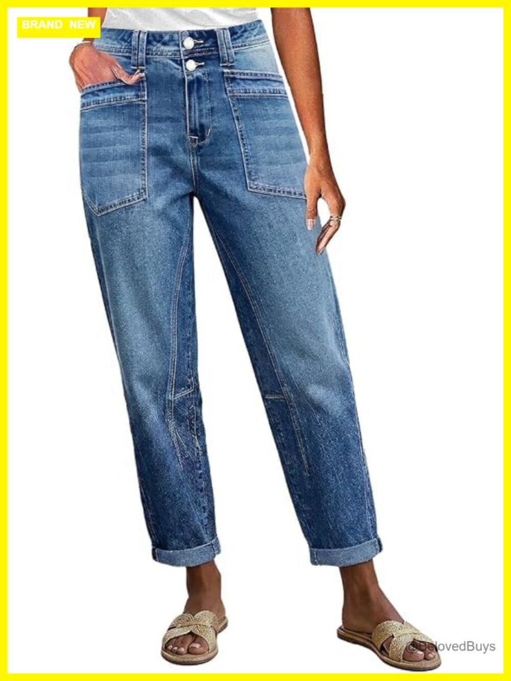 Mid Rise Barrel Leg Crop Jeans Cotton Blend Dual Button Women's
